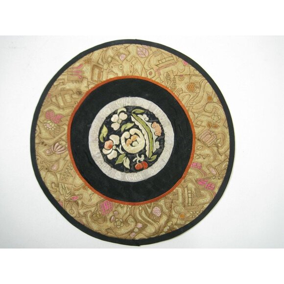 Vintage Asian Chinese Embroidered Silk Art Floral Panel Handmade Textile Round - Picture 1 of 6